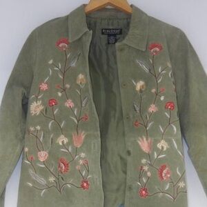 Vintage Dialogue Grey Suede Leather Floral Embroidered Jacket Size L